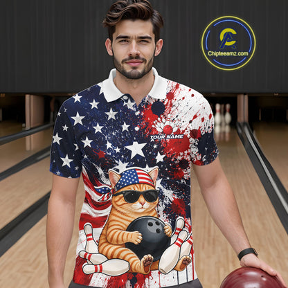 Man wearing a patriotic-themed polo shirt with a cat design in a bowling alley.