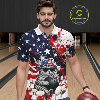 Man wearing a patriotic-themed polo shirt with a cat design in a bowling alley.