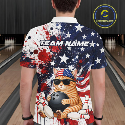 Person wearing a colorful shirt with a cat holding a bowling ball design on a bowling alley.