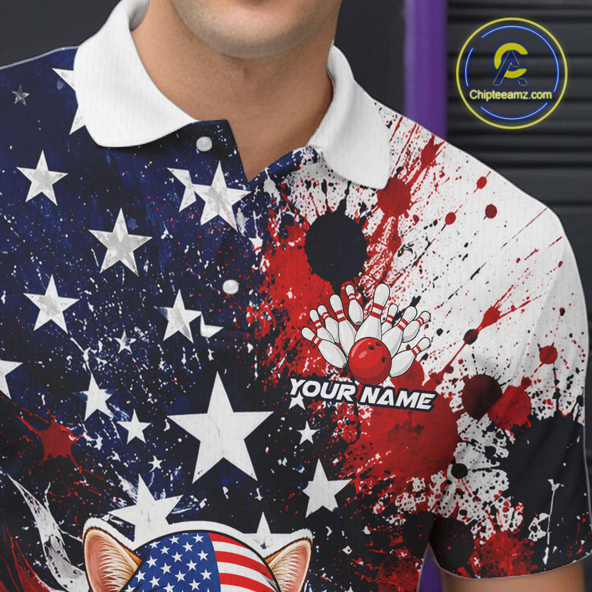 Polo shirt with American flag design, bowling elements, and 'Your Name' text.