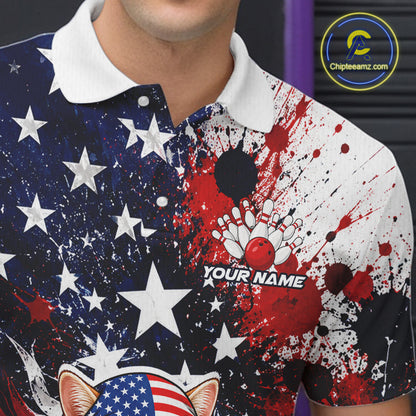Polo shirt with American flag design, bowling elements, and 'Your Name' text.