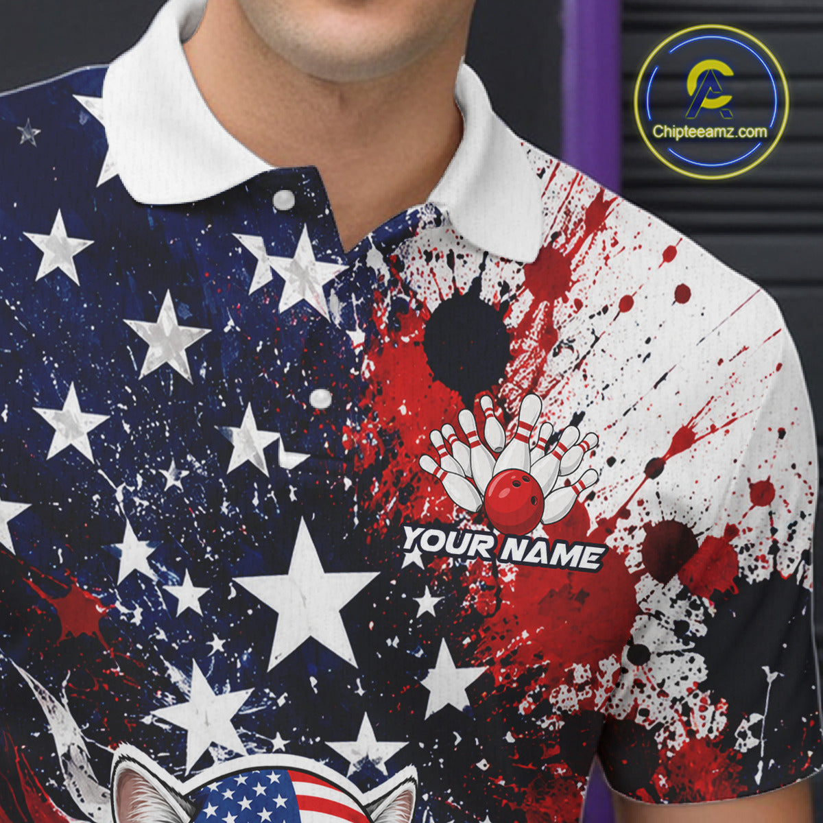 Polo shirt with American flag design, bowling elements, and 'Your Name' text on a dark background.