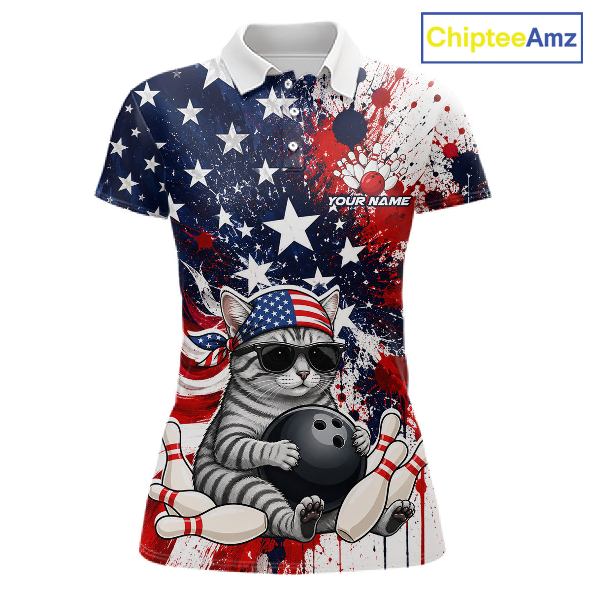 Polo shirt with American flag design and cat bowling graphic, brand 'ChipteeAmz' visible.