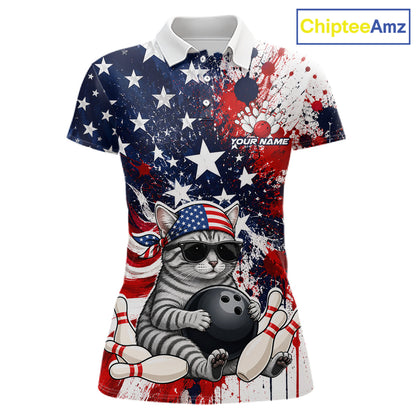 Polo shirt with American flag design and cat bowling graphic, brand 'ChipteeAmz' visible.