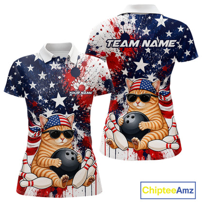 Polo shirt with American flag design and cat holding a bowling ball, featuring 'Chiptee Amz' branding.