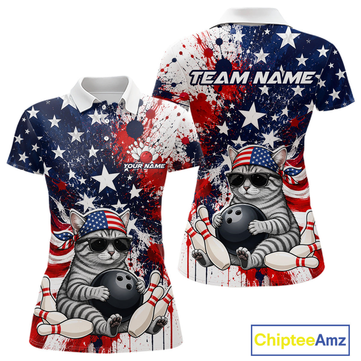 
Front and back views of a patriotic bowling polo featuring a sunglasses-wearing orange tabby cat with an American flag bandana, bowling ball and pins, plus personalized name and team name text.