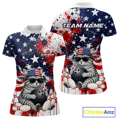 
Front and back views of a patriotic bowling polo featuring a sunglasses-wearing orange tabby cat with an American flag bandana, bowling ball and pins, plus personalized name and team name text.