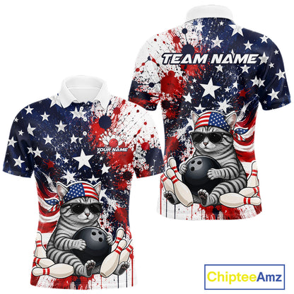 Front and back views of a patriotic bowling polo featuring a sunglasses-wearing orange tabby cat with an American flag bandana, bowling ball and pins, plus personalized name and team name text.