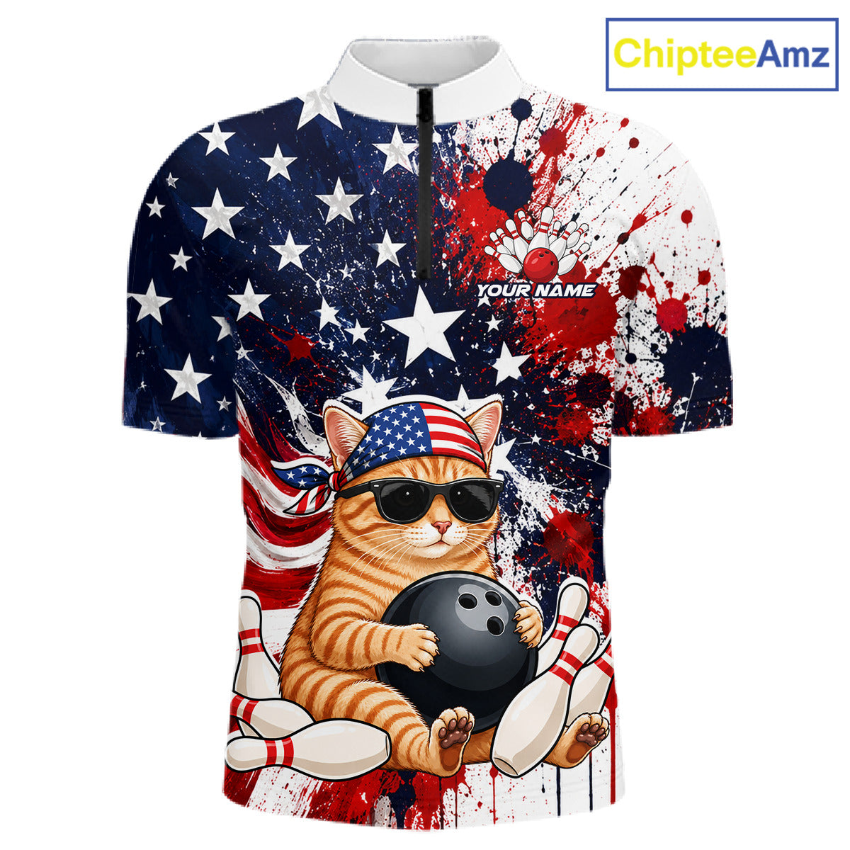 Front and back views of a patriotic bowling quarter zip featuring a sunglasses-wearing orange tabby cat with an American flag bandana, bowling ball and pins, plus personalized name and team name text.