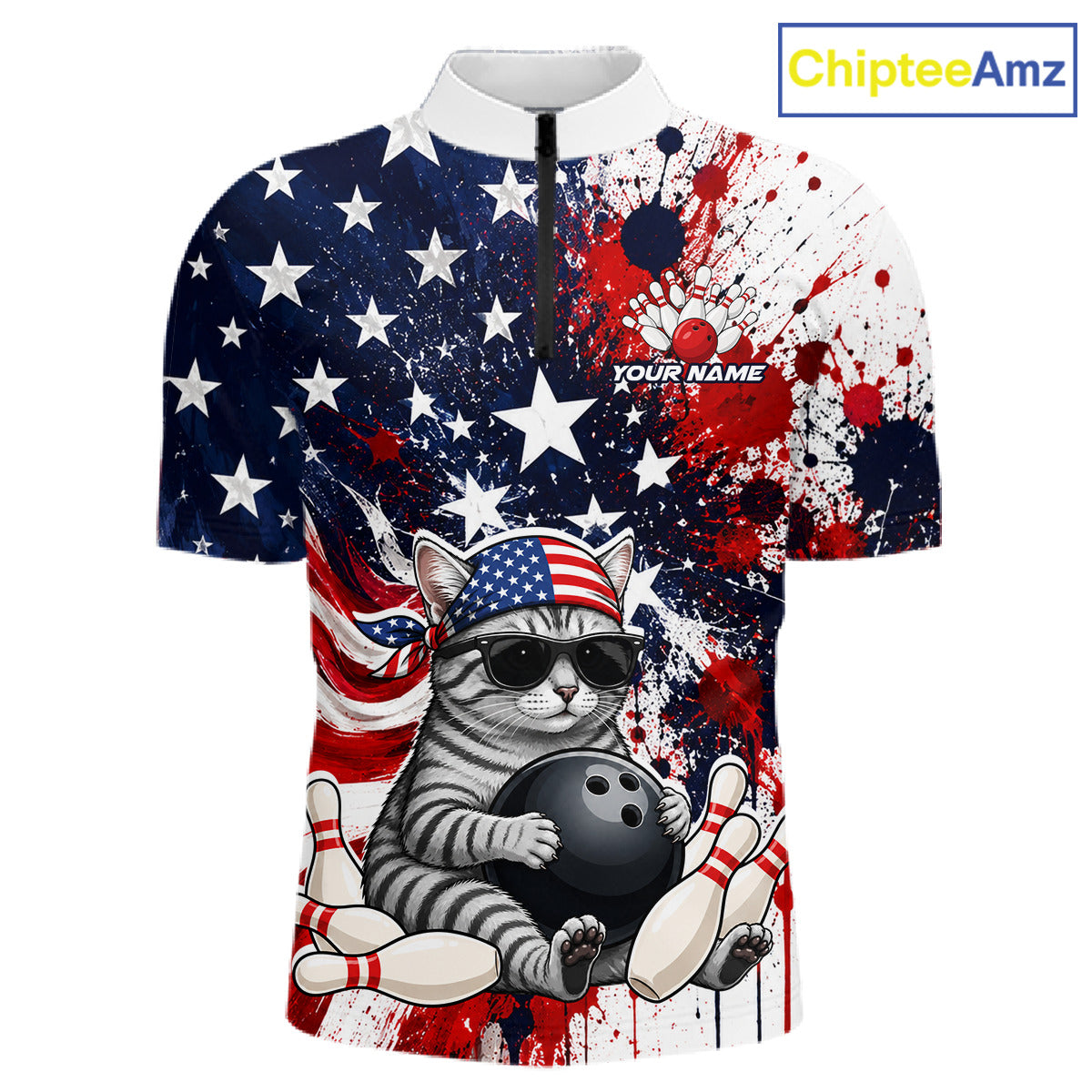 Shirt with a cat holding a bowling ball and American flag design, branded 'ChipteeAmz'.