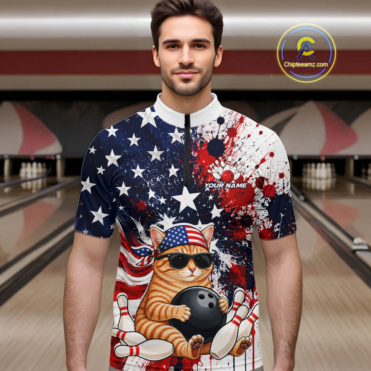 Man wearing a bowling shirt with a cat design in a bowling alley