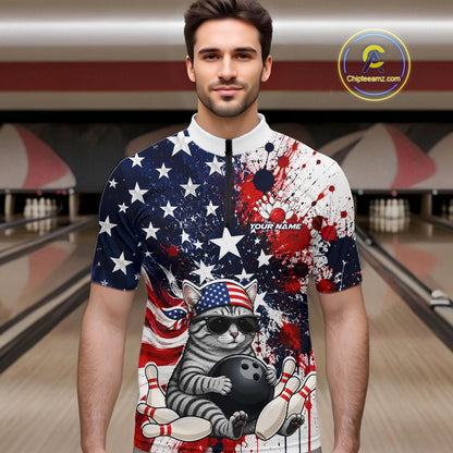 Man wearing a bowling-themed shirt with American flag design in a bowling alley.