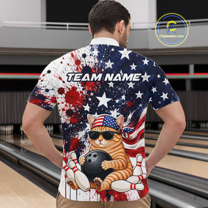 Person wearing a colorful shirt with a cat graphic and 'Team Name' text in a bowling alley.