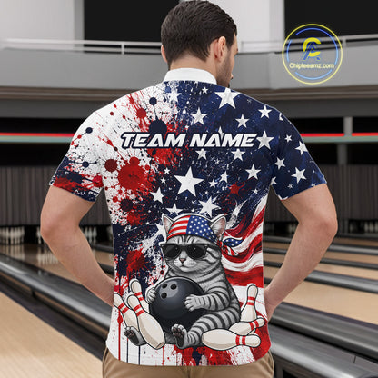 Man wearing a bowling-themed shirt with American flag design in a bowling alley.
