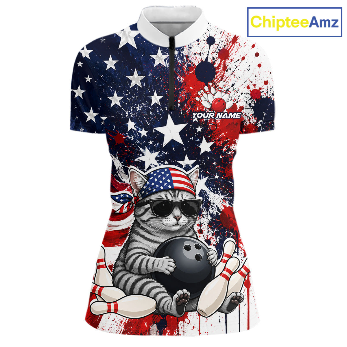 Shirt with a cat holding a bowling ball and American flag design, branded 'ChipteeAmz'.