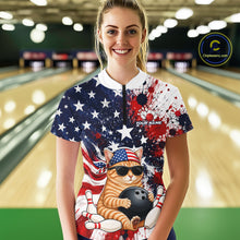 Load image into Gallery viewer, Woman wearing a colorful bowling shirt with a cat design in a bowling alley.