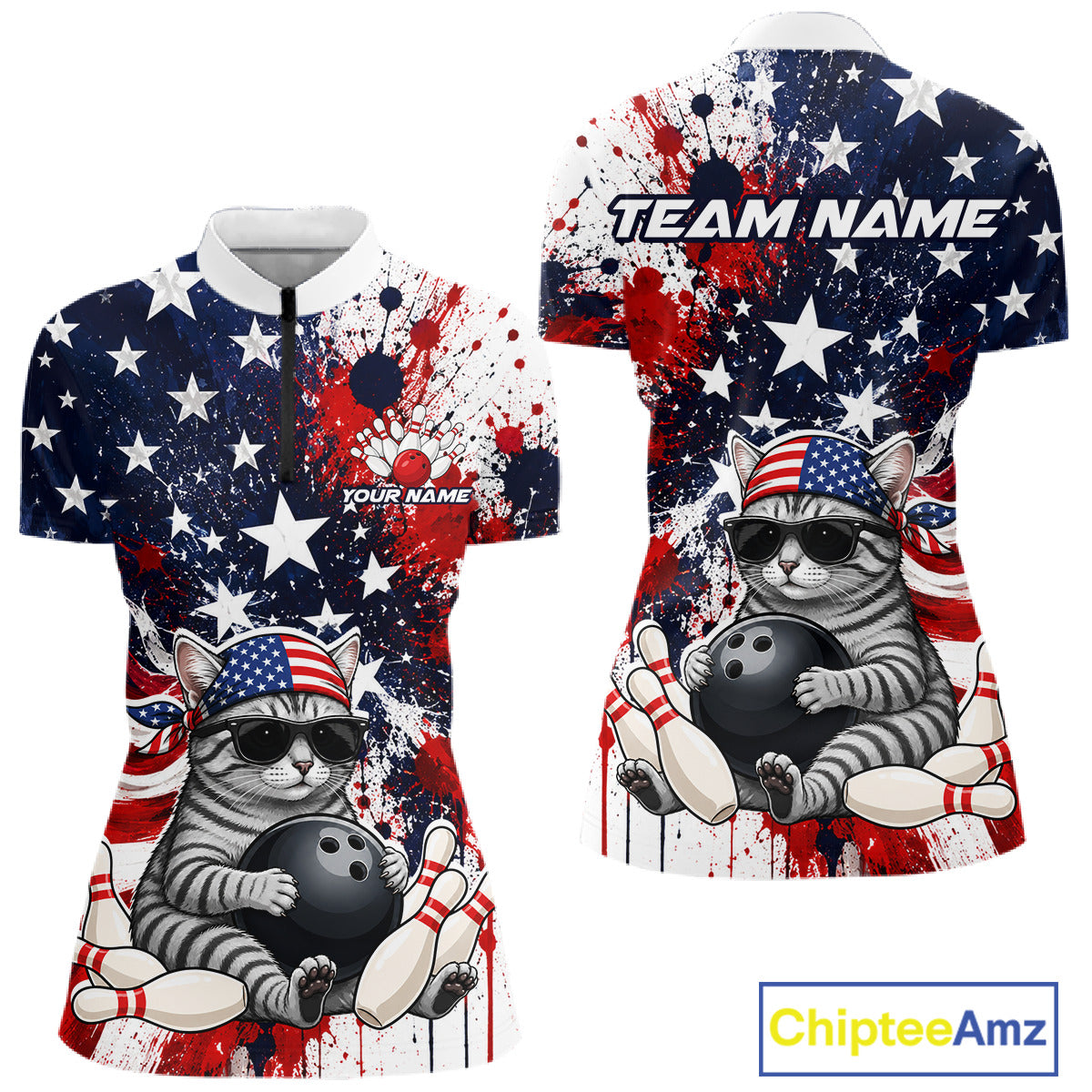 Front and back views of a patriotic bowling quarter zip featuring a sunglasses-wearing orange tabby cat with an American flag bandana, bowling ball and pins, plus personalized name and team name text.