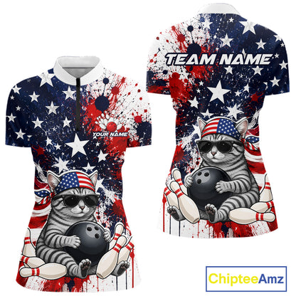 Front and back views of a patriotic bowling quarter zip featuring a sunglasses-wearing orange tabby cat with an American flag bandana, bowling ball and pins, plus personalized name and team name text.