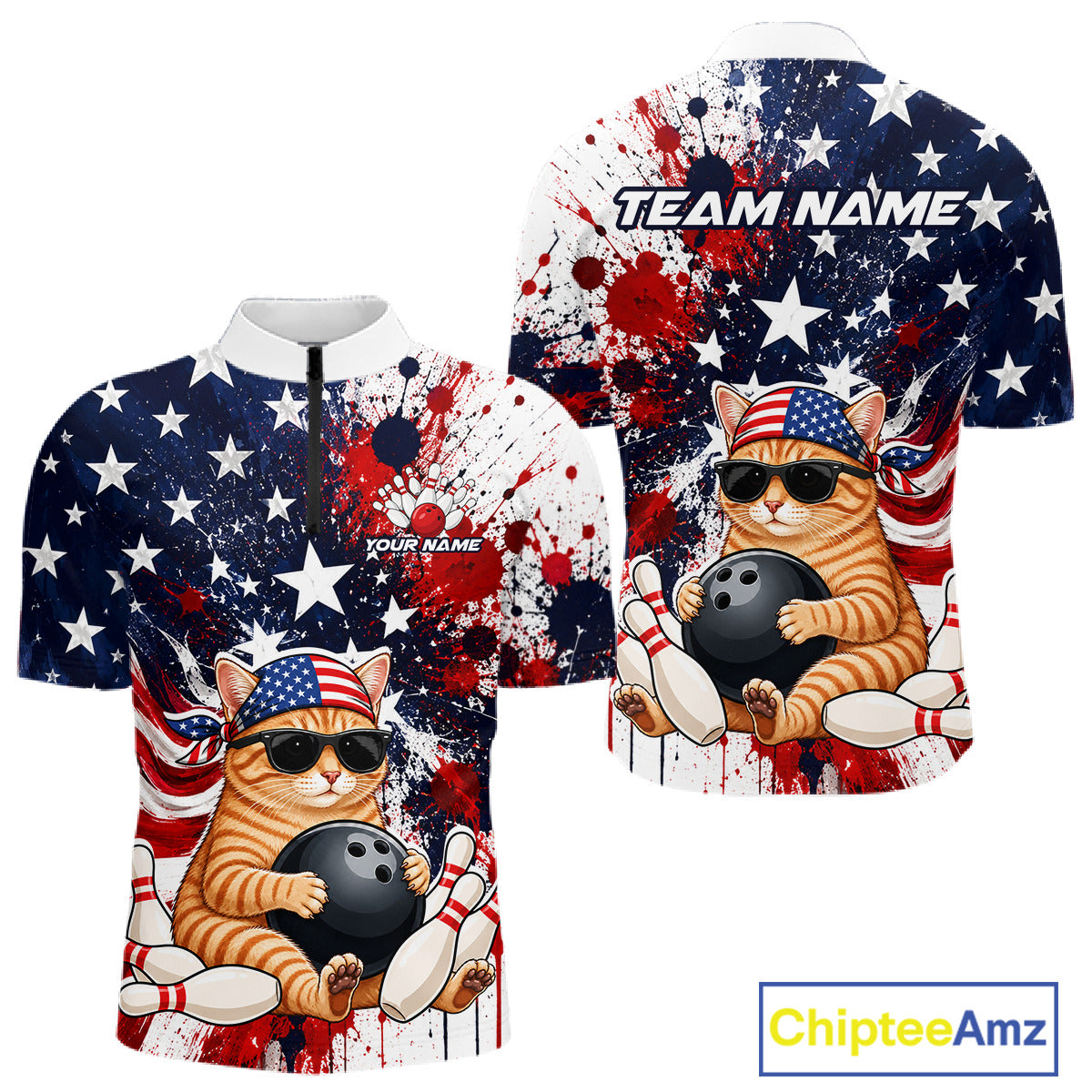 Front and back views of a patriotic bowling quarter zip featuring a sunglasses-wearing orange tabby cat with an American flag bandana, bowling ball and pins, plus personalized name and team name text.