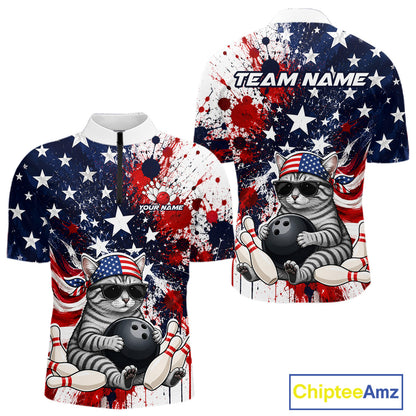 Front and back views of a patriotic bowling quarter zip featuring a sunglasses-wearing orange tabby cat with an American flag bandana, bowling ball and pins, plus personalized name and team name text.