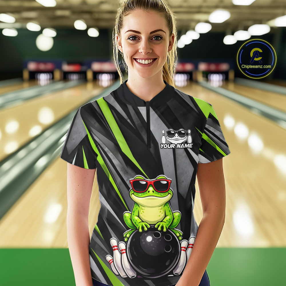 Custom Funny Frog Bowling Jersey for Women Bowling Team Shirts Bowling Polo & 1/4 Zip HNT261
