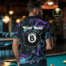 Load image into Gallery viewer, Back view of a man wearing a black billiards polo with teal and purple marble swirls, “TEAM NAME” text, and a large 8-ball graphic.