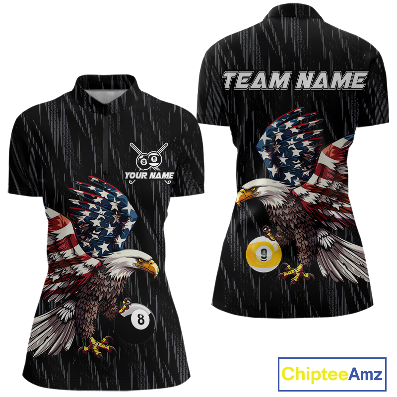 Front and back views of a black billiards quarter zip with a distressed American flag eagle pattern and large 8-ball and 9-ball graphics.