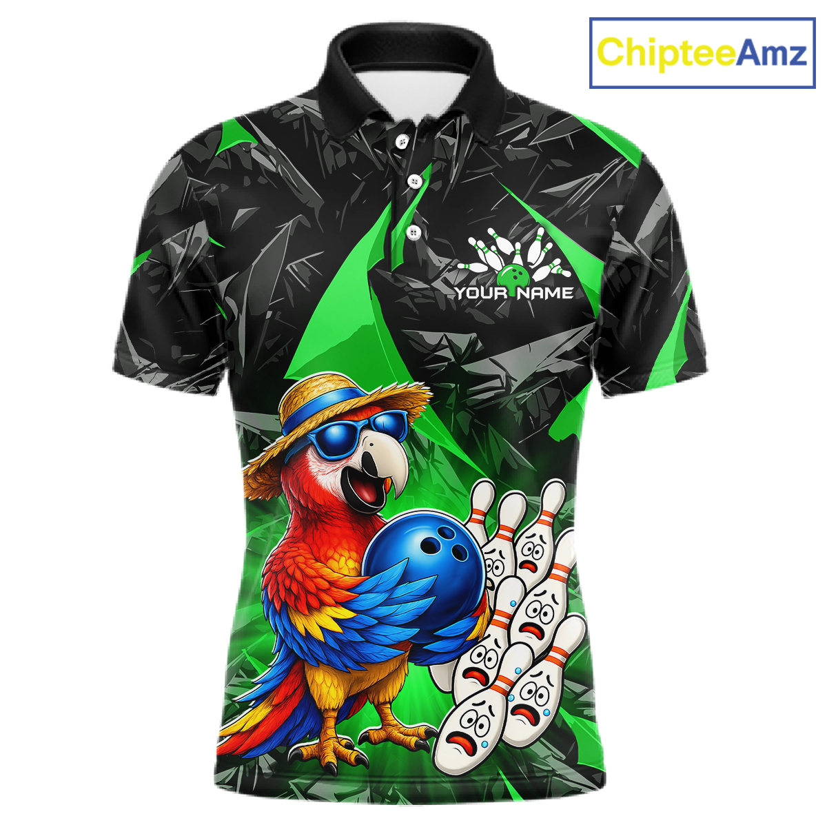 Colorful polo shirt with a parrot and bowling design on a green background, branded 'ChipteeAmz'.
