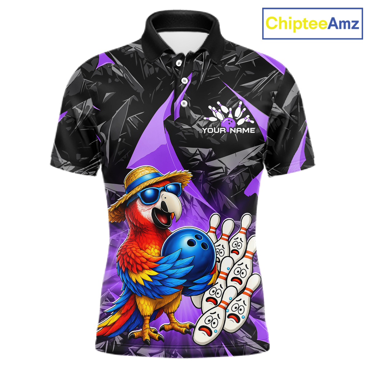 Colorful parrot with a bowling ball and pins design on a black and purple background, branded 'ChipteeAmz'.