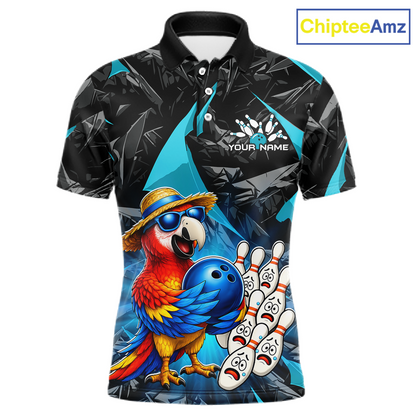 Polo shirt with a colorful parrot design and bowling elements on a white background, branded 'ChipteeAmz'.