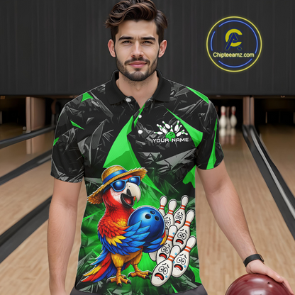 Man wearing a colorful bowling shirt with a parrot design in a bowling alley.