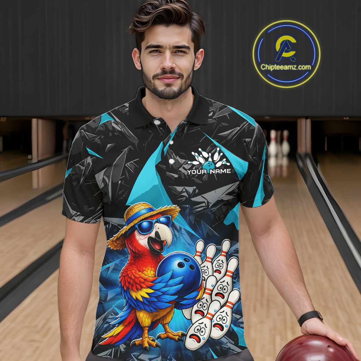 Man wearing a colorful bowling shirt with a parrot design in a bowling alley.