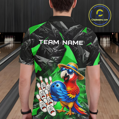 Person wearing a colorful bowling shirt with a parrot design on a bowling alley.
