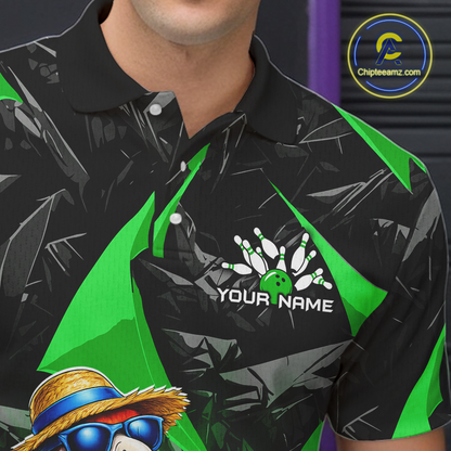 Black and green polo shirt with a logo and text on a dark background