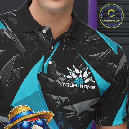 Black and blue bowling shirt with a logo and text on a dark background