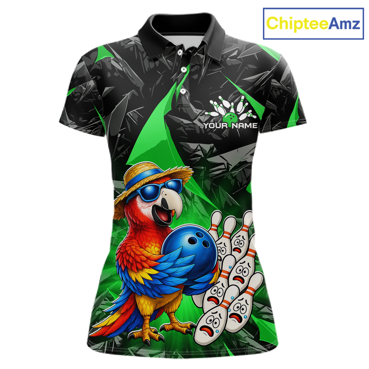 Polo shirt with a colorful parrot design and bowling elements, branded 'ChipteeAmz'.
