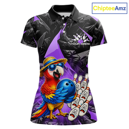 Colorful polo shirt with a parrot design and bowling elements on a white background, branded 'ChipteeAmz'.
