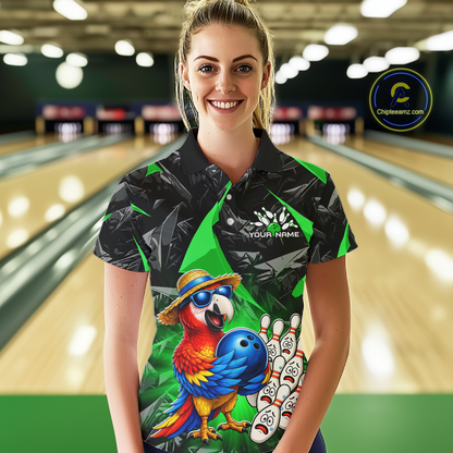 Woman wearing a colorful bowling shirt with a parrot design in a bowling alley.