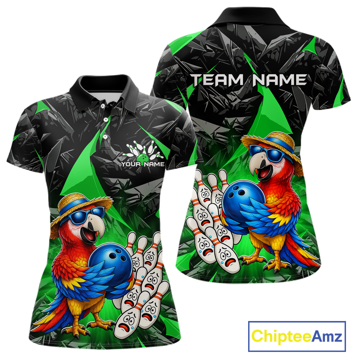 Colorful polo shirt with parrot design and customizable text on a white background