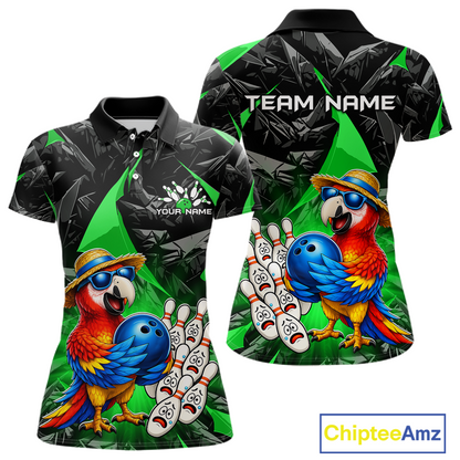 Colorful polo shirt with parrot design and customizable text on a white background