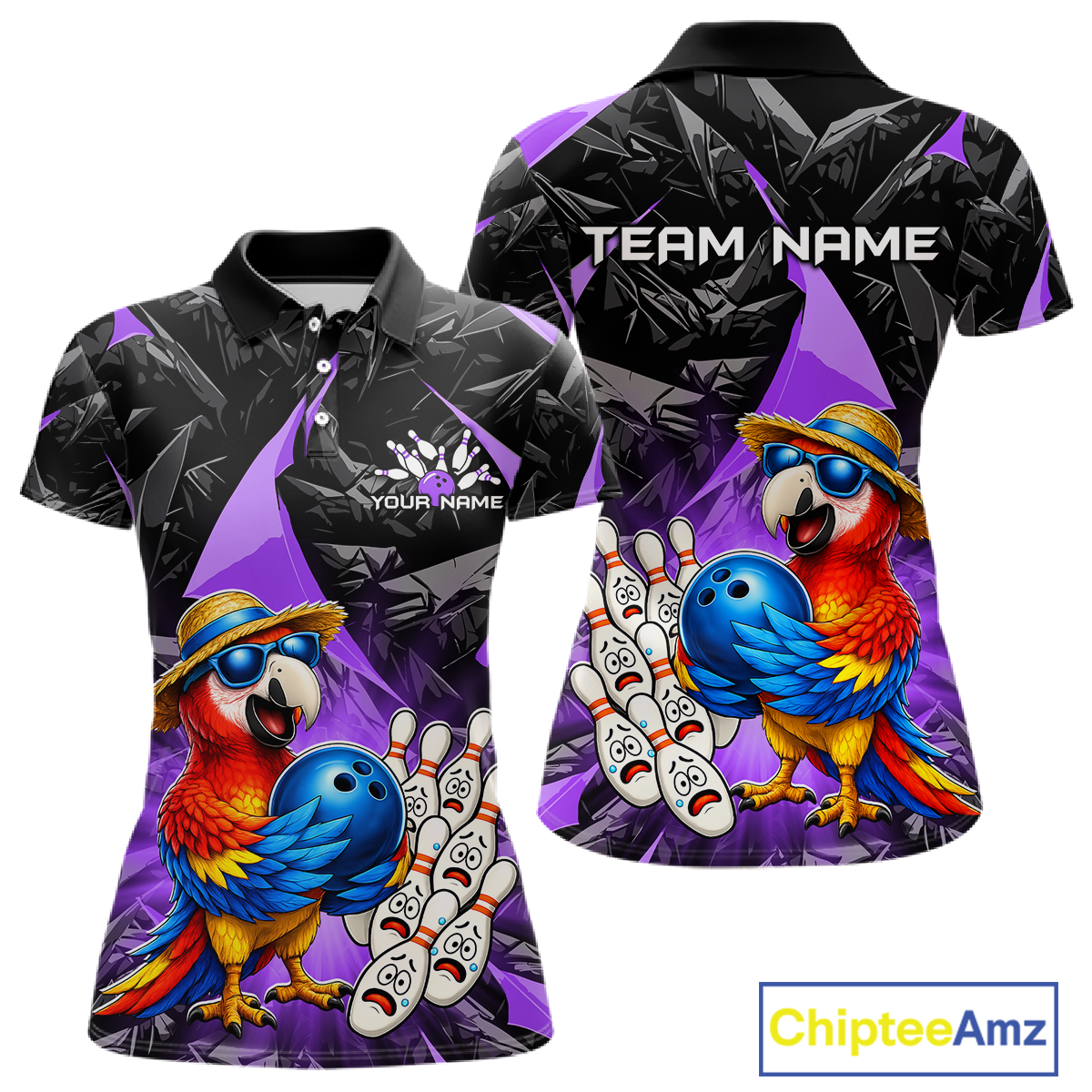 Colorful polo shirt with parrot design and customizable text on a white background