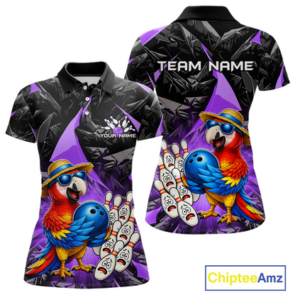 Colorful polo shirt with parrot design and customizable text on a white background