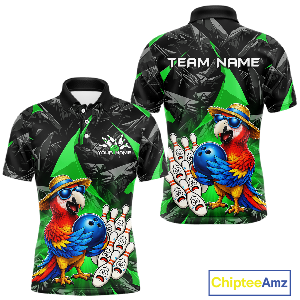 Polo shirt with parrot design and customizable text on a white background