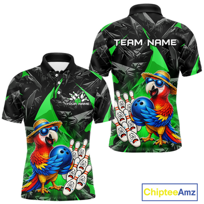 Polo shirt with parrot design and customizable text on a white background