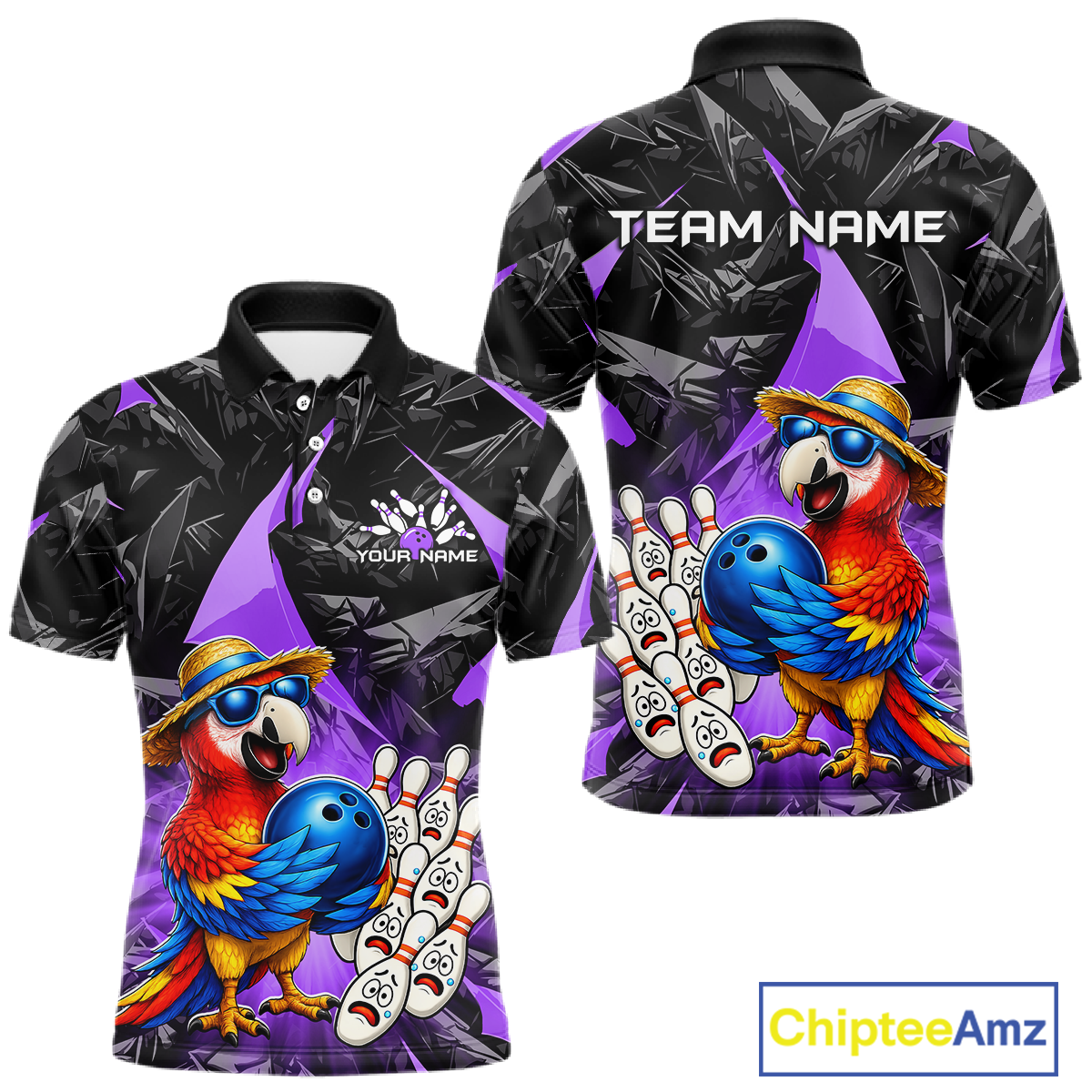 Colorful polo shirt with parrot design and customizable text on a white background