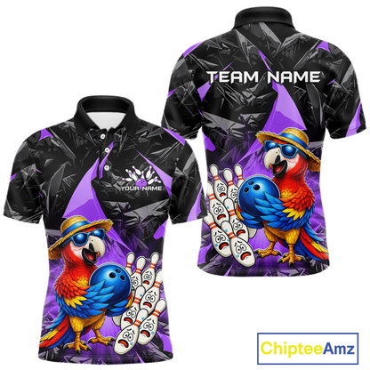 Colorful polo shirt with parrot design and customizable text on a white background