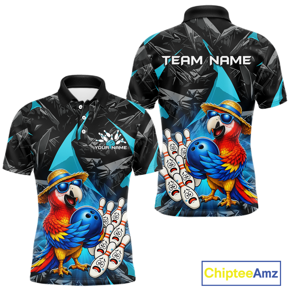 Bowling-themed polo shirt with parrot design on a white background, featuring 'Chiptee Amz' branding.