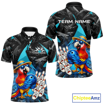 Bowling-themed polo shirt with parrot design on a white background, featuring 'Chiptee Amz' branding.