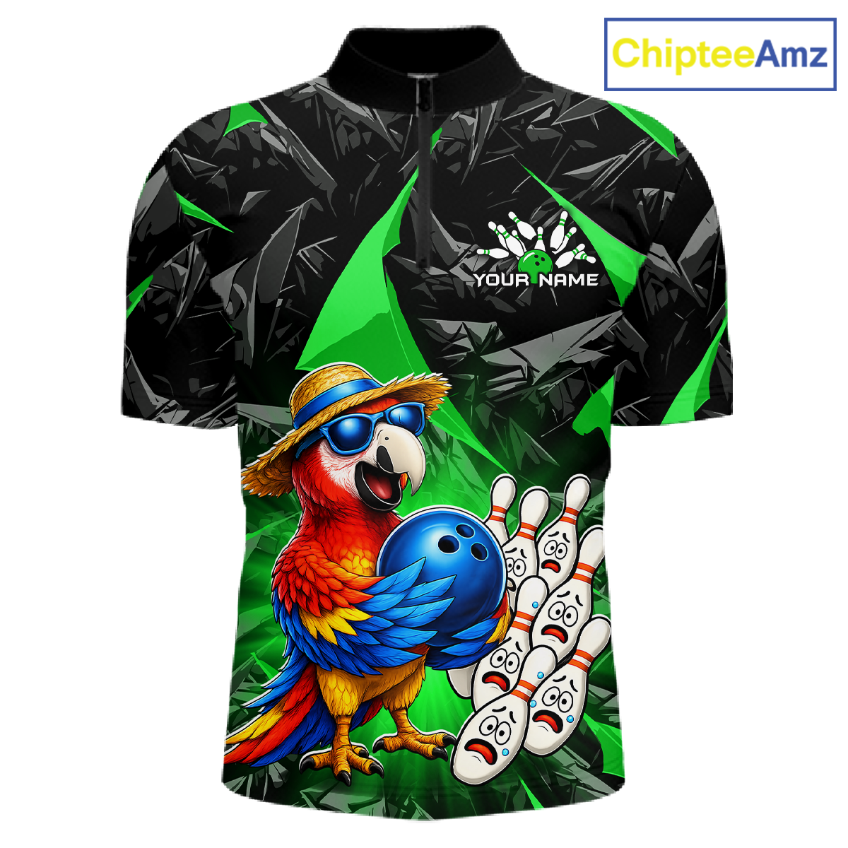 Colorful parrot with a bowling ball and pins design on a black and green background, branded 'ChipteeAmz'.