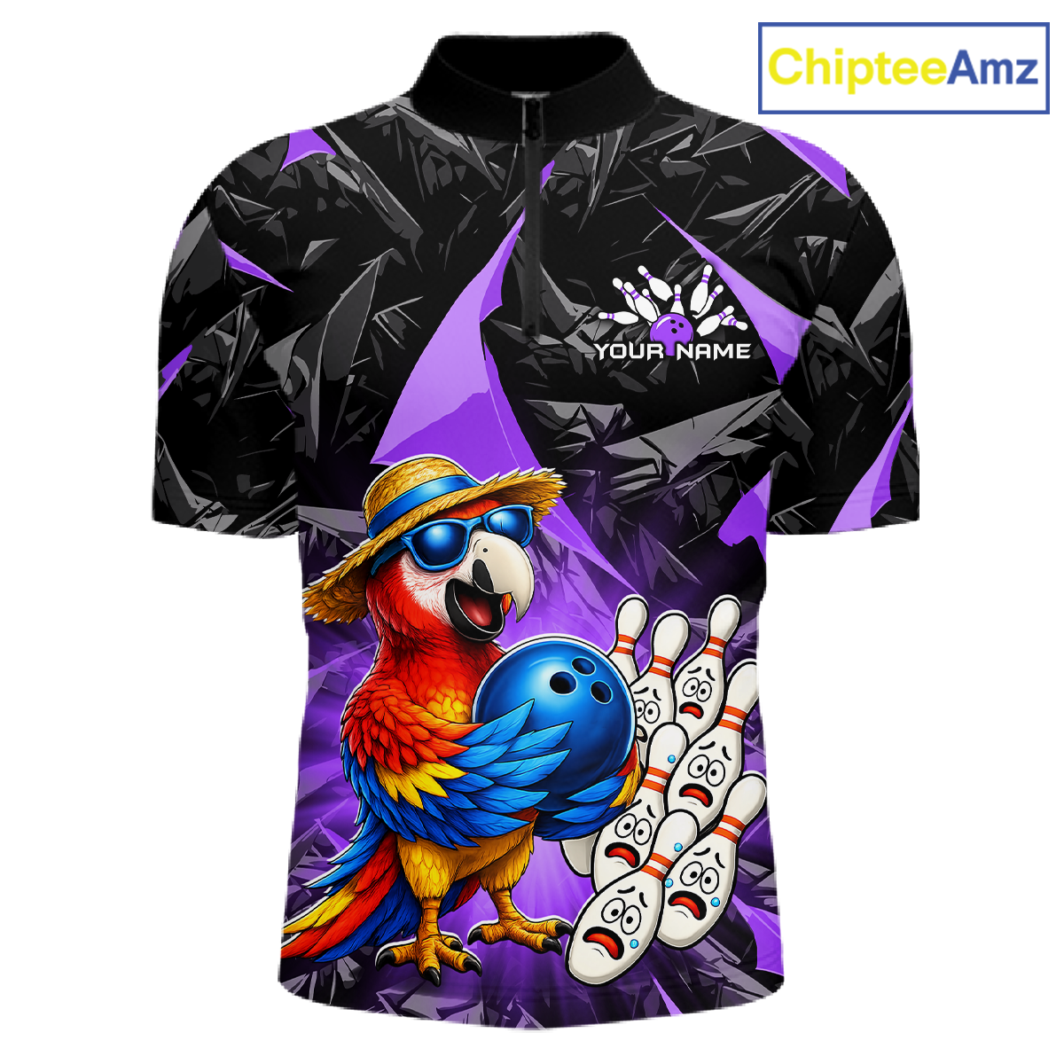 Colorful parrot bowling shirt with bowling elements and 'ChipteeAmz' branding.